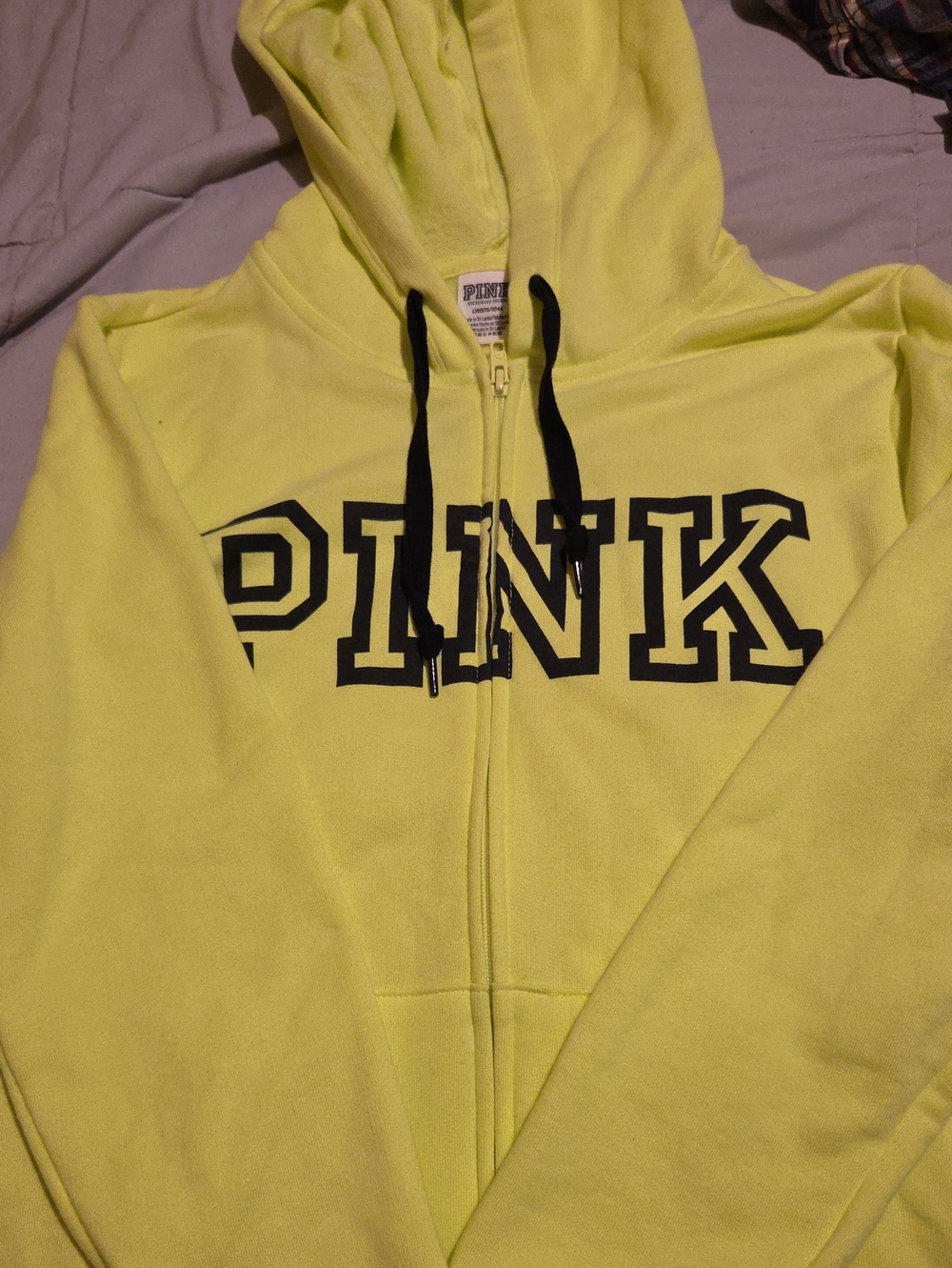 PINK Victoria's Secret Neon Yellow Full-Zip Hoodie with Black Logo